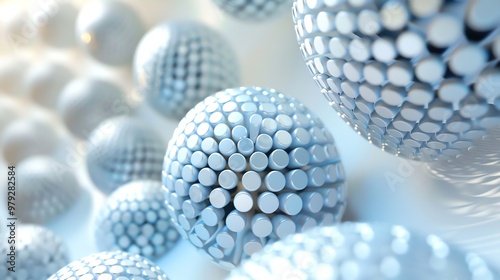 Abstract 3D render of white, shiny spheres with a repeating pattern of small circles.