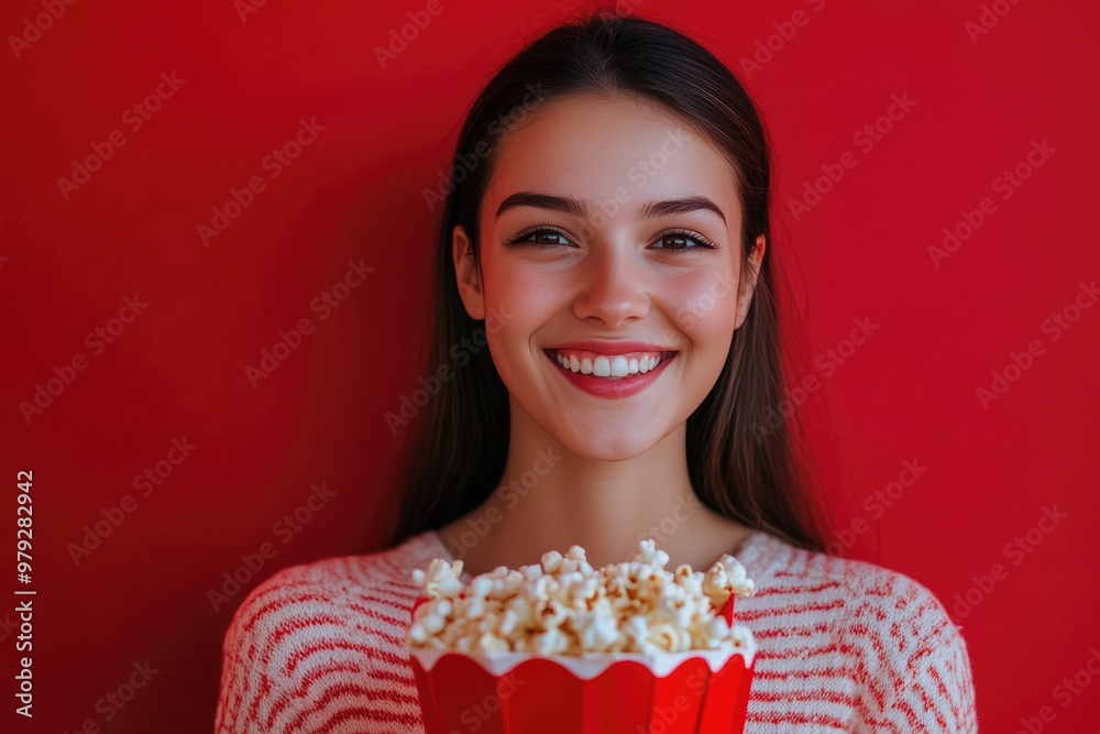 Woman’s Joyful Expression with Popcorn Snack Woman’s Joyful Expression with Popcorn Snack