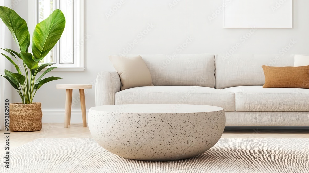 Granite coffee table with an organic shape, surrounded by modern sofas and a statement rug in a bright living room Granite coffee table with an organic shape, surrounded by modern sofas and a statement rug in a bright living room