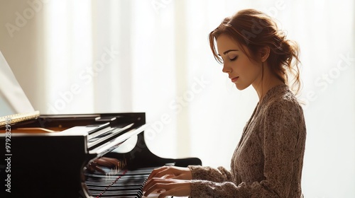 a woman playing a black grand piano isolated on a white background with copy space on the right side