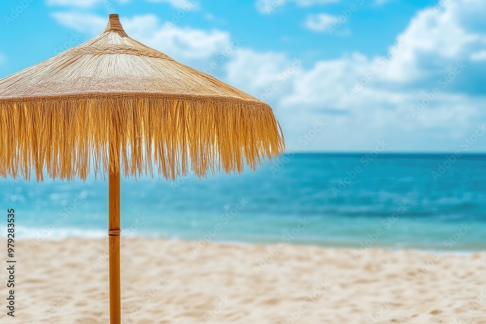 Beach Umbrella with Bamboo Frame and Sea Background Beach Umbrella with Bamboo Frame and Sea Background