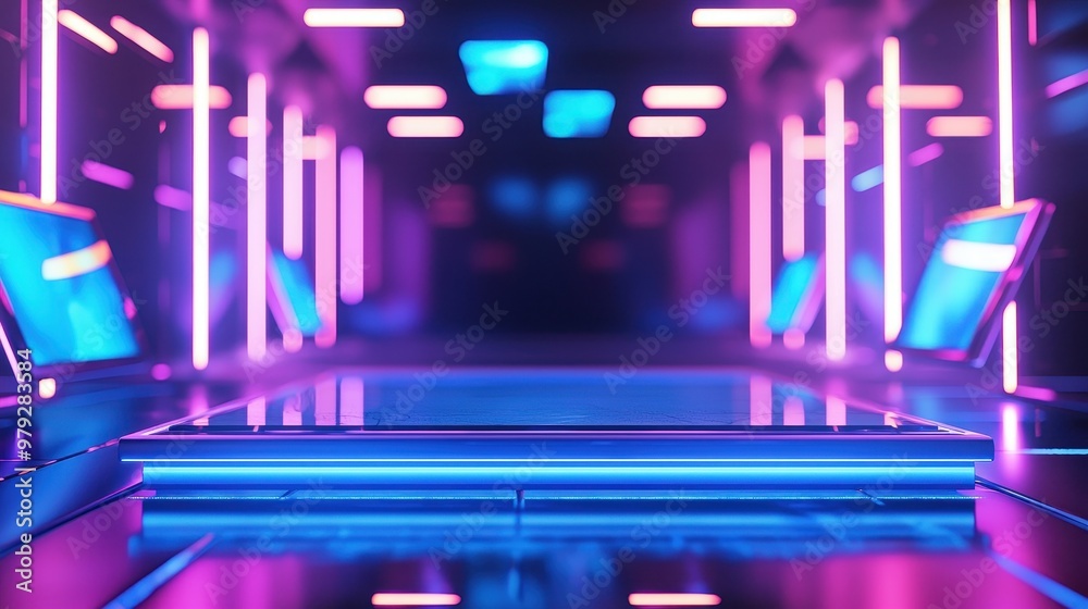 A smooth glass platform illuminated by vibrant neon lights in a modern studio setting with abstract backgrounds. Product advertisement and promotion concept. A smooth glass platform illuminated by vibrant neon lights in a modern studio setting with abstract backgrounds. Product advertisement and promotion concept.