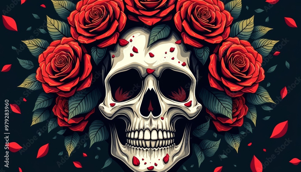 Elegant skull adorned with vibrant roses symbolizing life and death Elegant skull adorned with vibrant roses symbolizing life and death