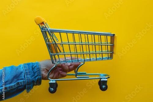 Man holding miniature shopping trolley against yellow background for grocery procurement concept photo