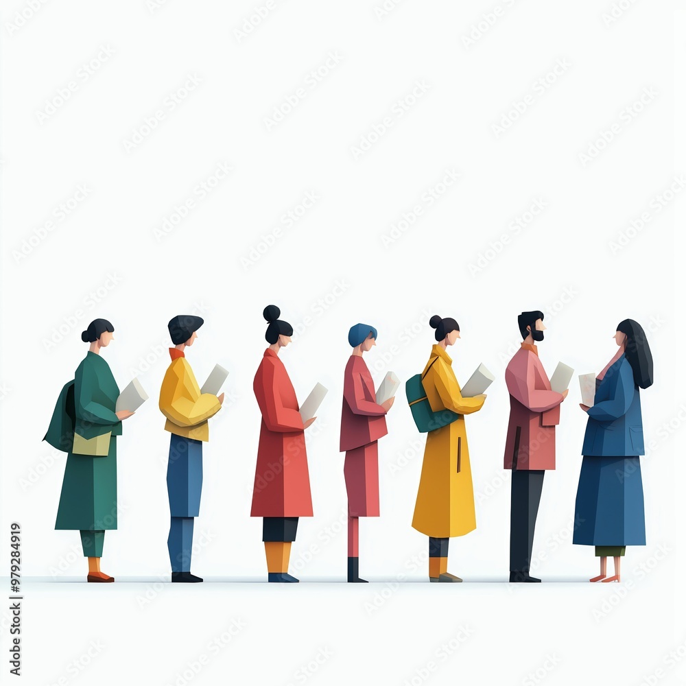 Colorful abstract illustration of diverse people standing in line, each holding a book, representing order and patience. Colorful abstract illustration of diverse people standing in line, each holding a book, representing order and patience.