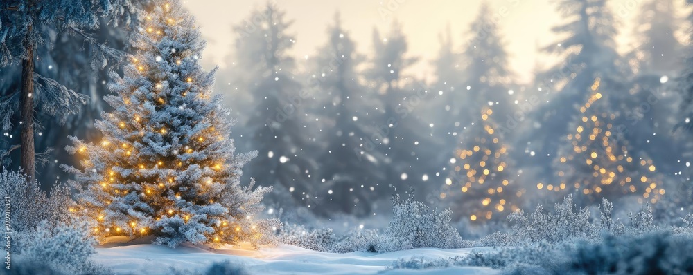 A serene winter landscape featuring snow-covered trees and a beautifully lit Christmas tree, capturing the essence of the holiday season. A serene winter landscape featuring snow-covered trees and a beautifully lit Christmas tree, capturing the essence of the holiday season.