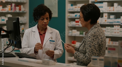 Pharmacist assisting customer in a drugstore