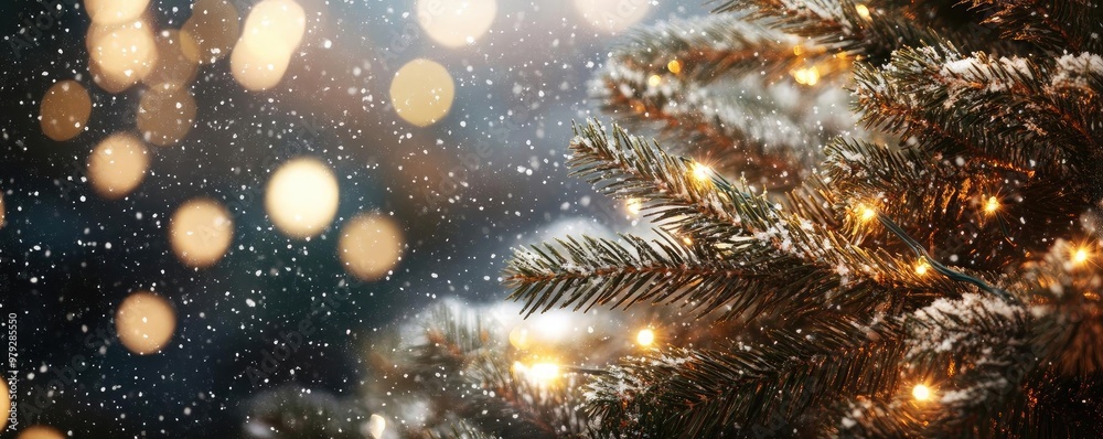 A shimmering Christmas tree branch adorned with glowing lights and gentle snowfall, creating a festive winter wonderland atmosphere. A shimmering Christmas tree branch adorned with glowing lights and gentle snowfall, creating a festive winter wonderland atmosphere.