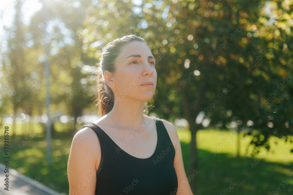Portrait of a sporty young woman resting after a workout outdoors on a bright sunny day. Portrait of a sporty young woman resting after a workout outdoors on a bright sunny day.