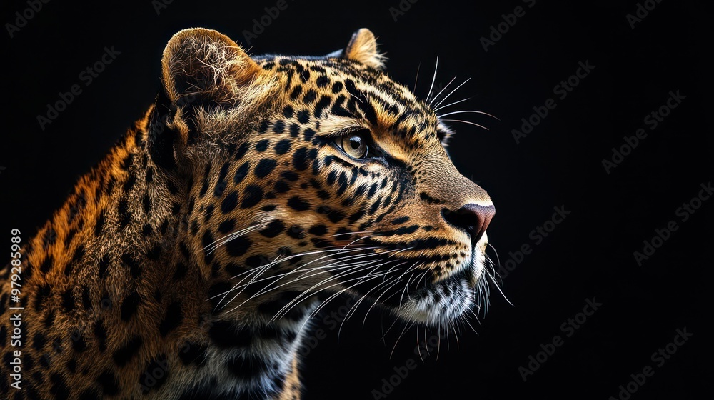 majestic leopard portrait on black background powerful wildlife photography with copy space on the right side majestic leopard portrait on black background powerful wildlife photography with copy space on the right side