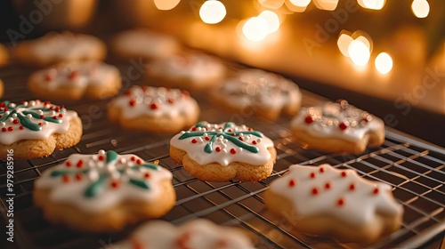 Deliciously decorated cookies cooling on a wire rack, perfect for holiday gatherings and festive celebrations.