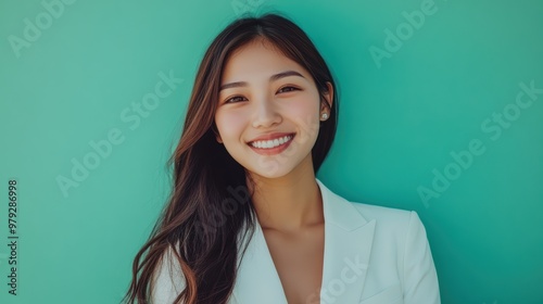 A young woman serene smile and elegant pose against a soft green setting emphasize her natural grace and allure.