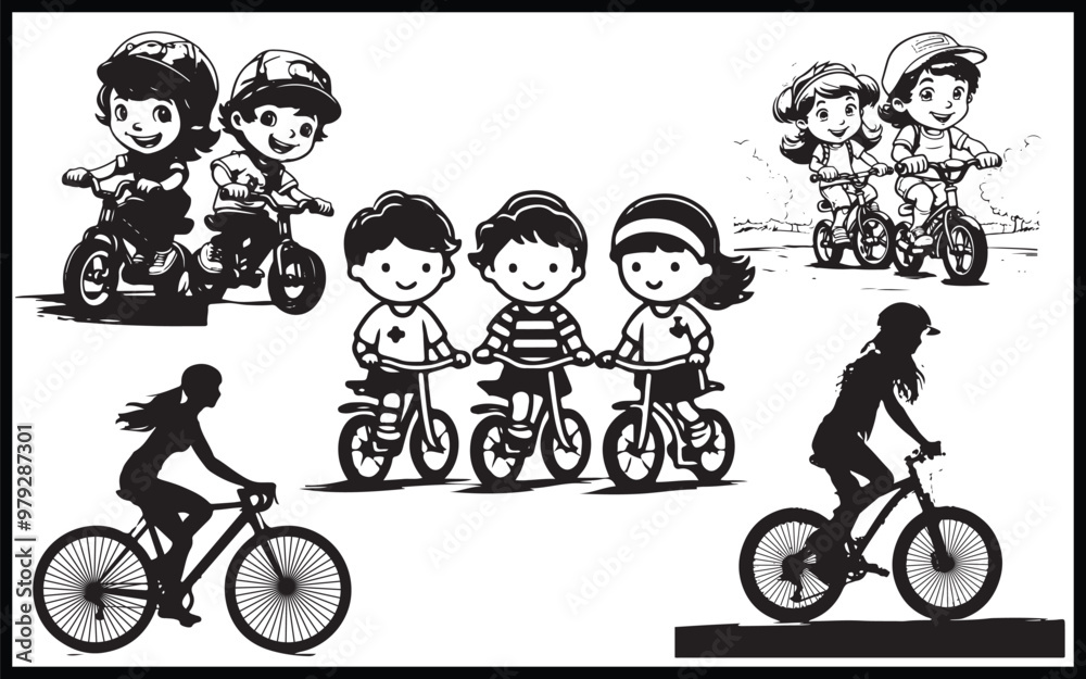 Obraz premium Boy in helmet riding a bicycle. Coloring book for children.