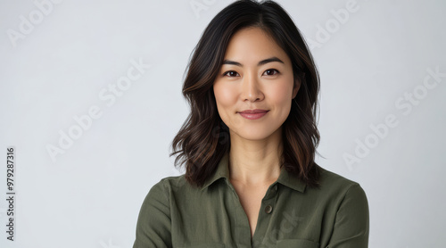 Middle-aged Asian women, in their late 30s to early 40s, pose in simple, everyday attire against clean white background. Portraits emphasize natural beauty casual, comfortable fashion. photo