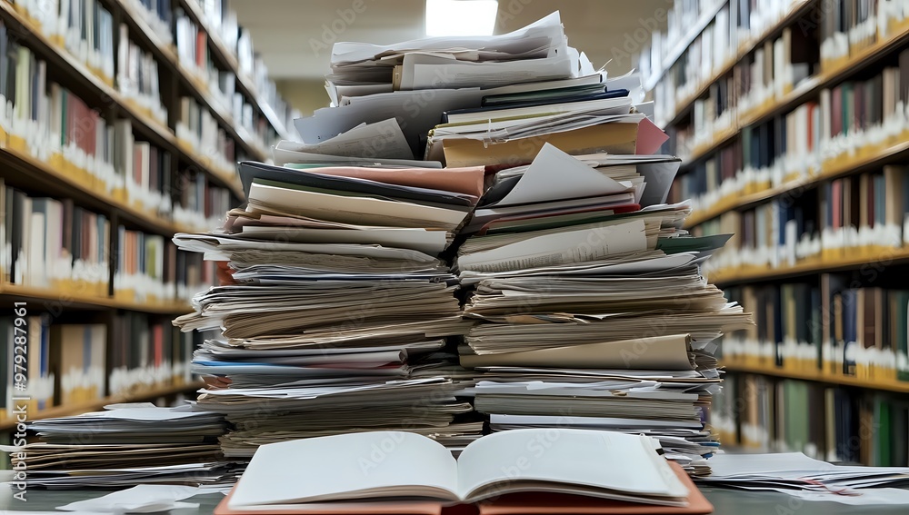 A large stack of papers and a notebook in an office, with bookshelves in the background. A large stack of papers and a notebook in an office, with bookshelves in the background.