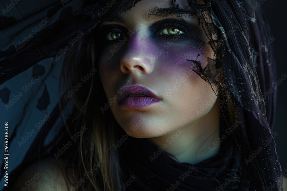 Attractive young woman in dark cloth with Halloween make up. Concept for Halloween party. Attractive young woman in dark cloth with Halloween make up. Concept for Halloween party.