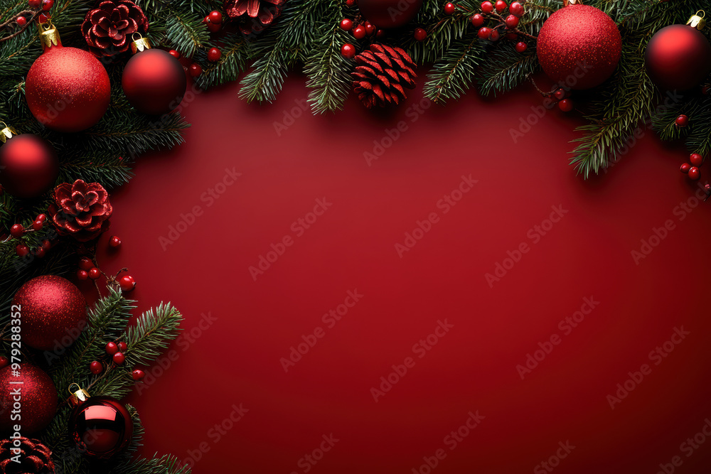 Festive Pine Branches on Red Background Festive Pine Branches on Red Background