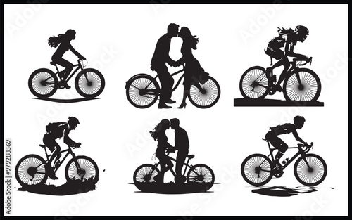 silhouette of a guy and girls who are kissing on a bicycle, vector illustration, isolated object