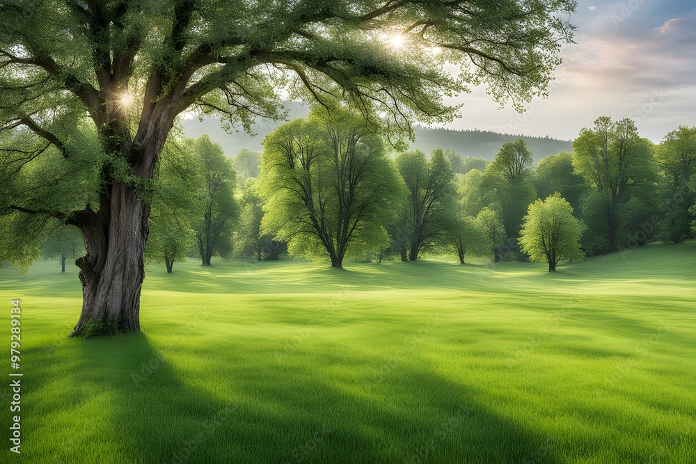 Naklejka premium A bright open meadow with lush green grass a soft breeze and a few scattered trees, AI Generated