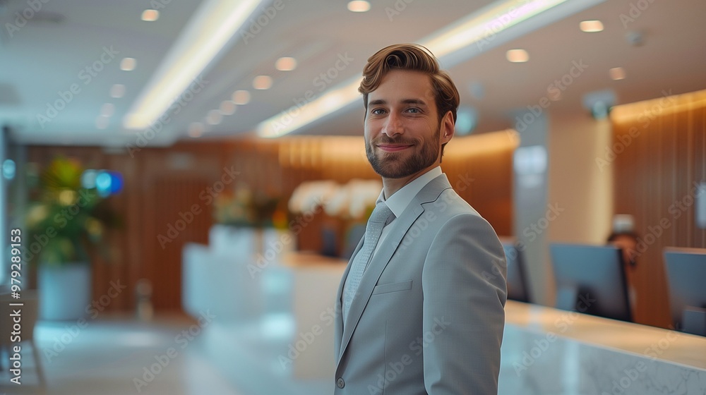 Obraz premium An administrator stands at the reception desk of a contemporary hotel, warmly greeting guests and offering assistance throughout the day