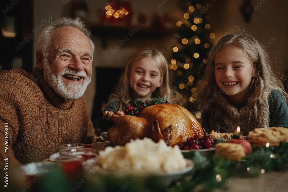A beaming grandfather sits at a Christmas dinner table with his two cheerful granddaughters, surrounded by festive decorations, a roasted turkey, and sides. A beaming grandfather sits at a Christmas dinner table with his two cheerful granddaughters, surrounded by festive decorations, a roasted turkey, and sides.