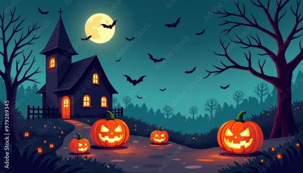 Fototapeta premium Spooky Halloween night with jackolanterns and bats
