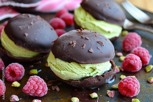 Indulge in these delicious chocolate ice cream sandwiches, complemented by fresh raspberries and vibrant green pistachios. photo