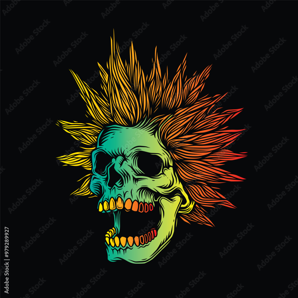 Fototapeta premium A skull with an open mouth and a punk rock hairstyle. T-shirt design, stickers, print.