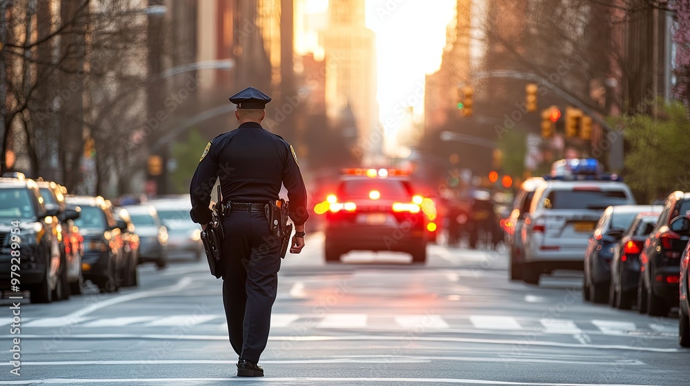 A police officer walks down a city street as emergency vehicles respond in the background during sunset. A police officer walks down a city street as emergency vehicles respond in the background during sunset.
