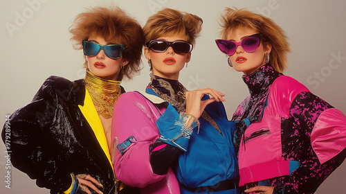 Three fashion models posing in colorful 80s clothing and sunglasses photo