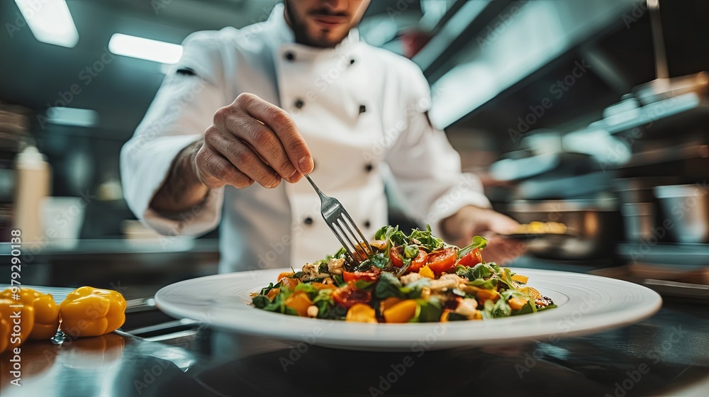 A chef artfully plating a vibrant salad in a professional kitchen. A chef artfully plating a vibrant salad in a professional kitchen.