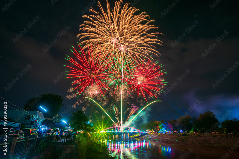 Beautiful Fireworks and light Chan Palace bridge over the Nan River New Landmark It is a major tourist in the VIJITR PHITSANULOK event is Public places attraction Phitsanulok,Thailand. Beautiful Fireworks and light Chan Palace bridge over the Nan River New Landmark It is a major tourist in the VIJITR PHITSANULOK event is Public places attraction Phitsanulok,Thailand.