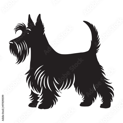 Scottish Terrier dog Standing silhouette Design, Dog Clipart vector illustration in black and white
