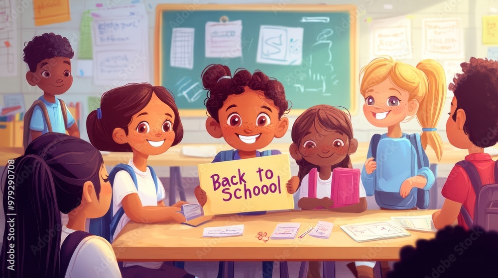A vibrant school classroom filled with happy, diverse elementary students engaged in various learning activities, holding a Back to School