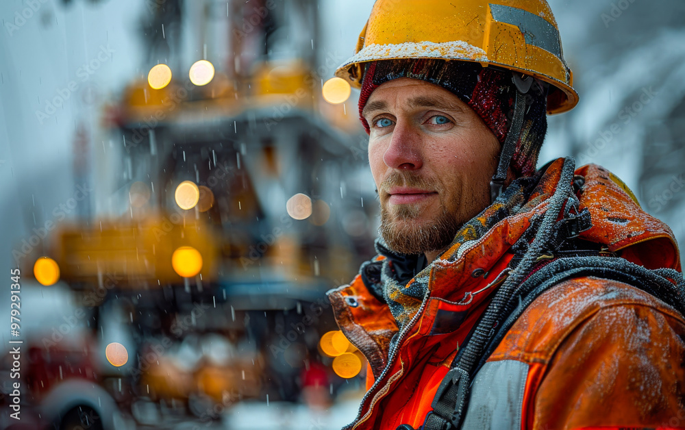A man in a yellow helmet and orange jacket stands in front of a large machine. He looks happy and confident A man in a yellow helmet and orange jacket stands in front of a large machine. He looks happy and confident