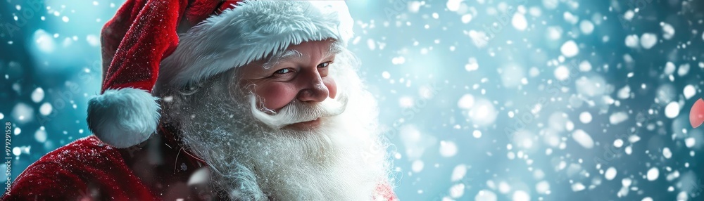 A joyful Santa Claus in a snowy setting, embodying the spirit of Christmas with a warm smile and festive ambiance.