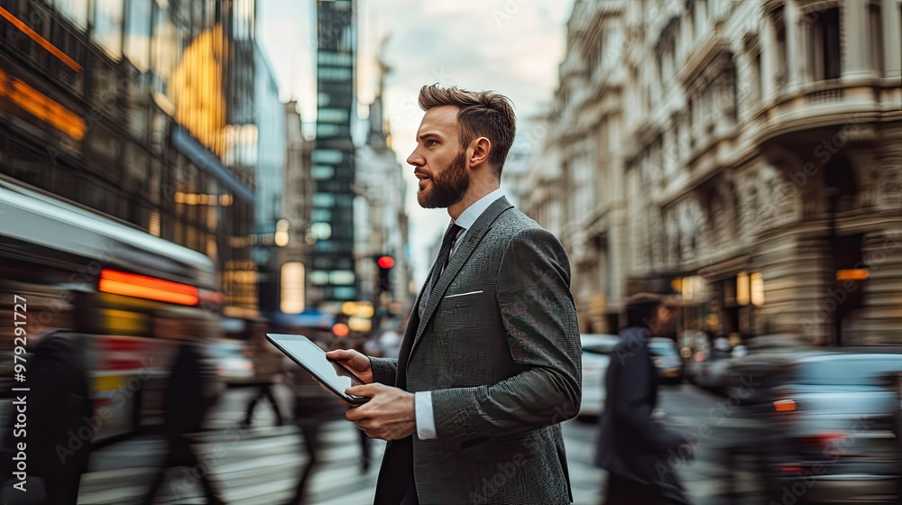 A businessman wearing a stylish suit, holding a tablet and walking briskly through a busy urban street