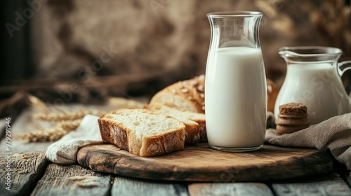 A chilled glass of milk on a wooden cutting board, next to a small jug of milk and freshly baked bread, creating a homely scene