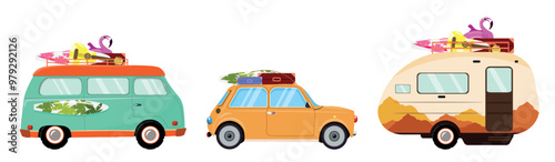 Set of different camping cars in cartoon style. Vector illustration of colorful travel trailers, camping cars with surfboards, suitcases, inflatable rings, guitars isolated on white background.