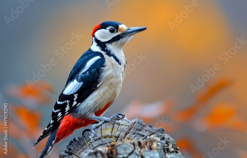 A bird with a red head and black and white wings is perched on a tree branch. The bird is looking to its left