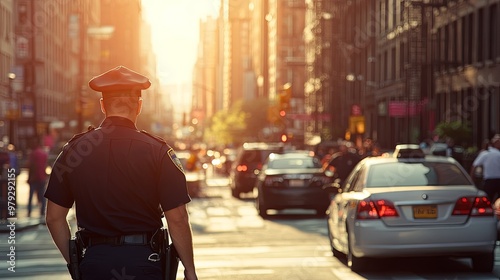 A police officer stands in a busy city street during sunset, overseeing traffic and pedestrians.