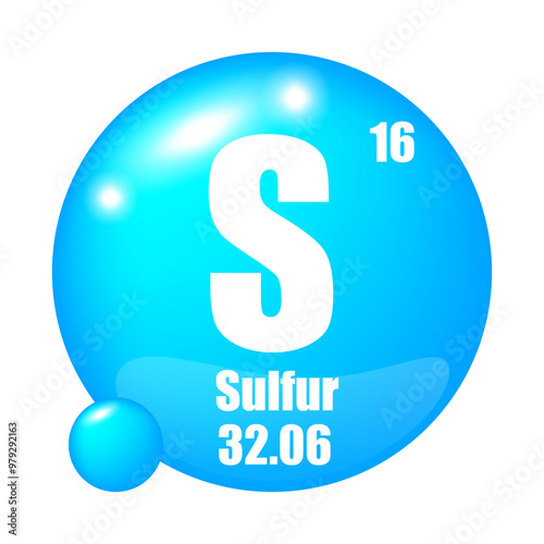 Sulfur icon. Element S. Atomic number sixteen. Atomic mass thirty two.