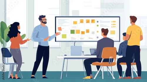 An agile project manager facilitating a daily stand-up meeting with a diverse team, with a digital Kanban board displaying tasks and sprint goals in the background