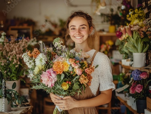 A full-length portrait of a young female florist standing in a flower shop, holding a beautifully arranged bouquet of flowers, surrounded by fresh blooms and plants in a bright, natural setting.