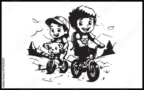Boy in helmet riding a bicycle. Coloring book for children.