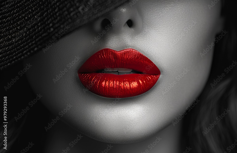 Obraz premium A woman's lips are painted red and she is wearing a black hat. The image has a bold and dramatic feel to it, with the red lips and the black hat creating a striking contrast
