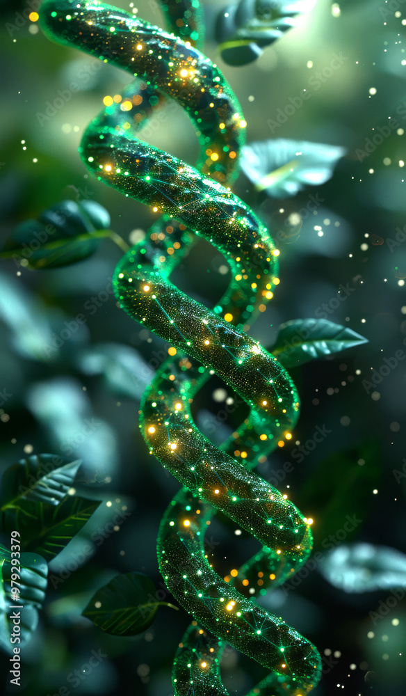 A green plant with a spiral shape and glittery leaves. The image has a dreamy and whimsical mood A green plant with a spiral shape and glittery leaves. The image has a dreamy and whimsical mood