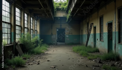  Abandoned hallway overgrown with natures touch