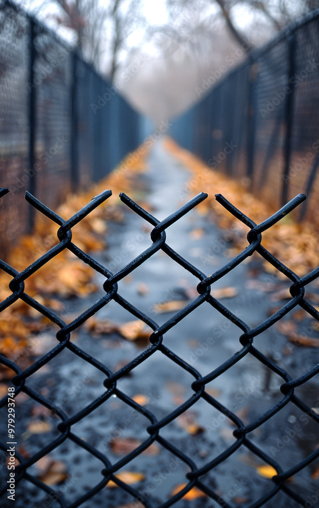 A fence with a chain link pattern is shown with a view of the ground. The fence is surrounded by leaves and the ground is wet. Scene is somewhat melancholic and lonely A fence with a chain link pattern is shown with a view of the ground. The fence is surrounded by leaves and the ground is wet. Scene is somewhat melancholic and lonely