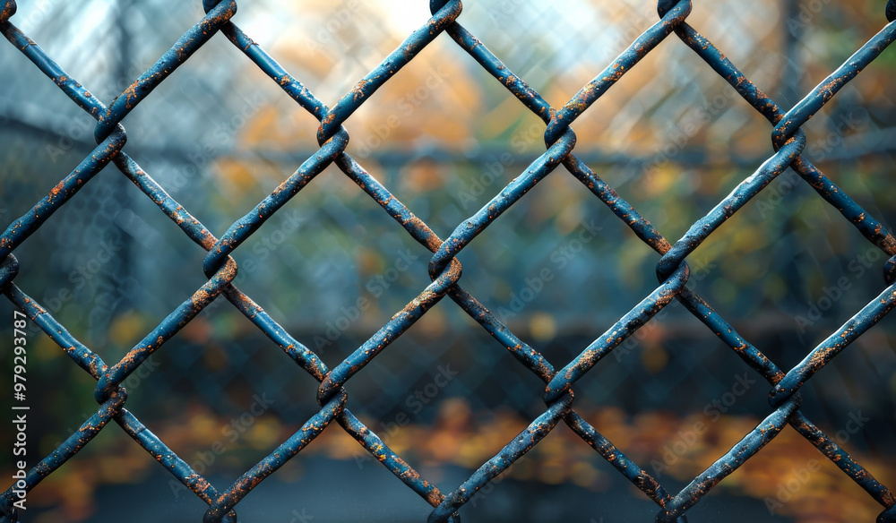 A chain link fence with rusted metal bars. The fence is open and the leaves are falling A chain link fence with rusted metal bars. The fence is open and the leaves are falling